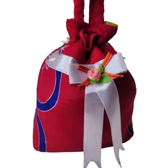 Red and Blue Hand Made Hand Painted Batik Cotton Drawstring Fabric Hobo Tote Bag - Picture 4 of 8